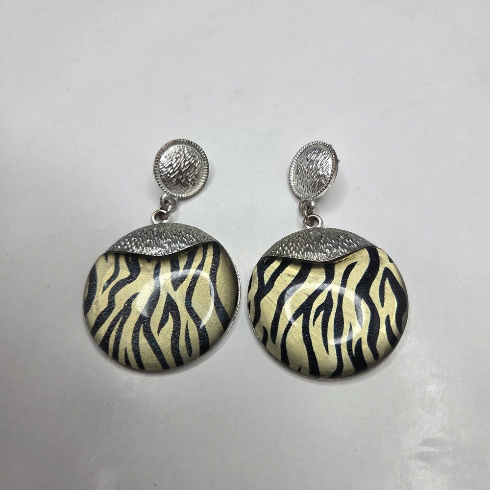 Vintage Zebra Print Drop Earrings Silver Tone Round Animal Pattern OS Gold Black